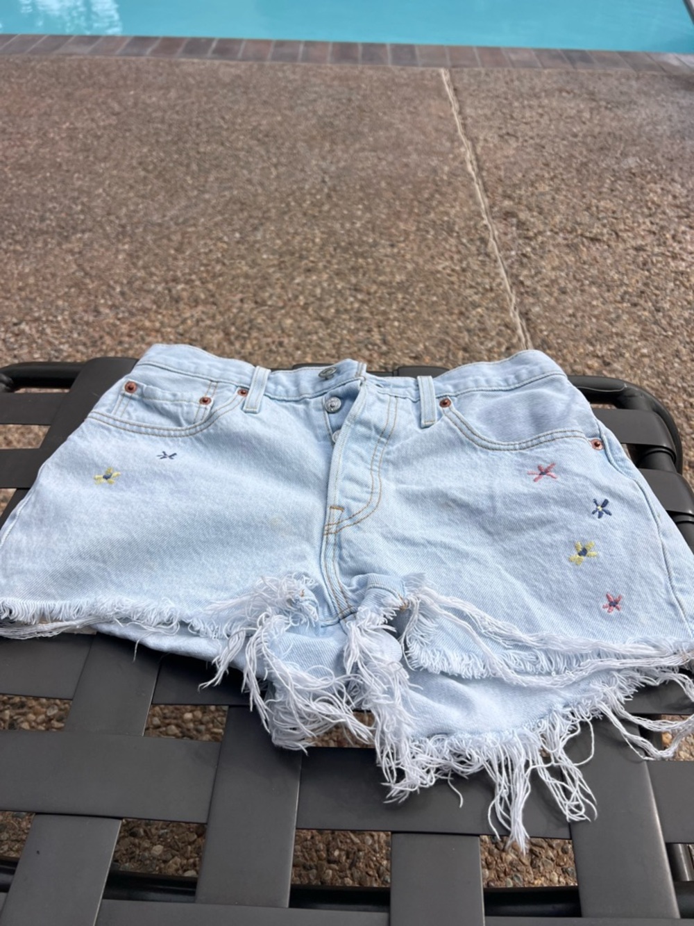 Levi's Light Blue Embroidered Frayed Denim Shorts